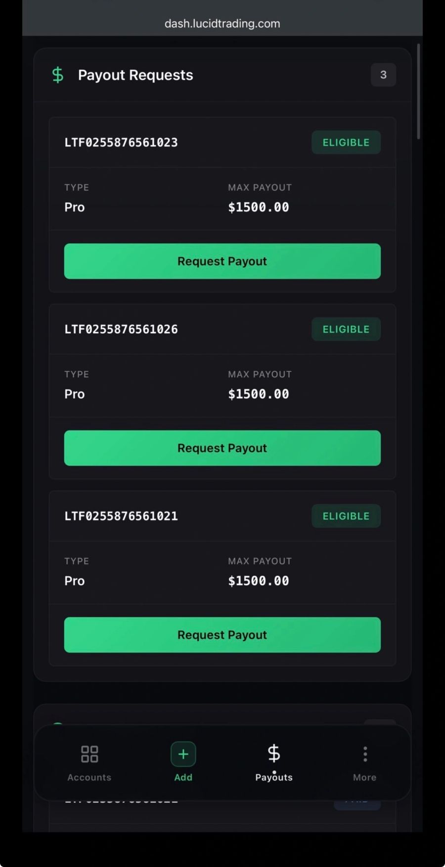 Trading account performance screenshot